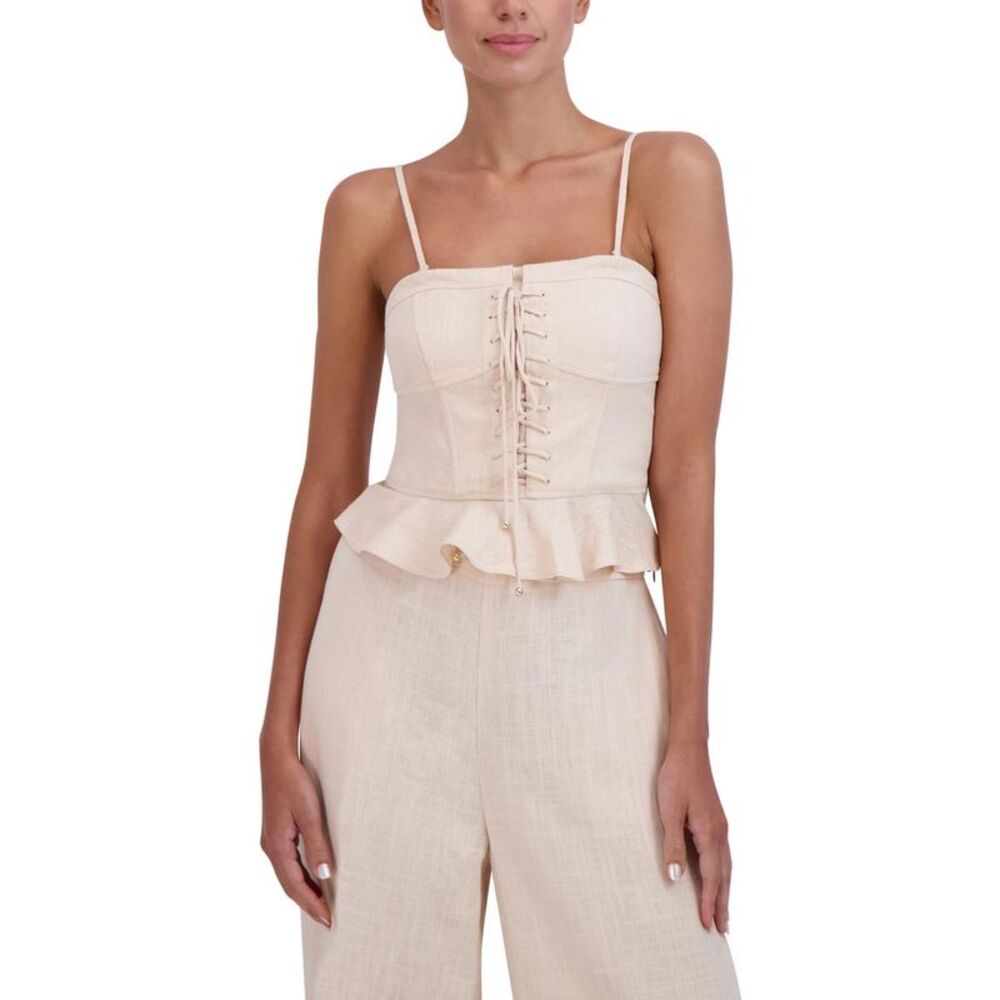 BCBGMaxAzria Cream Lace-Up Peplum Top